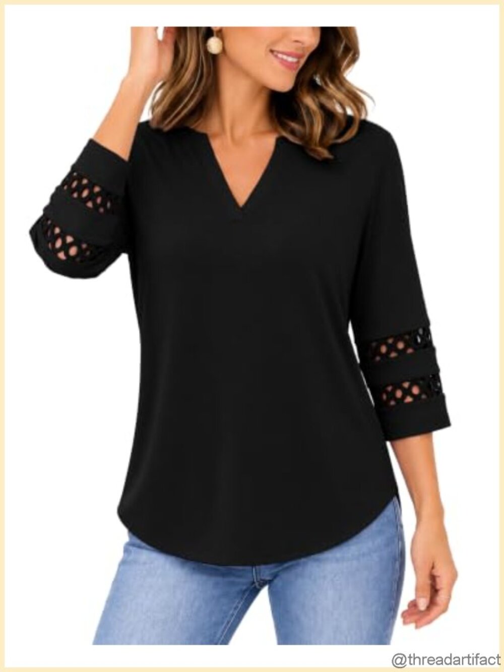 Women's Split V Neck 3/4 Lace Sleeve Blouse Summer Loose Fit Top
